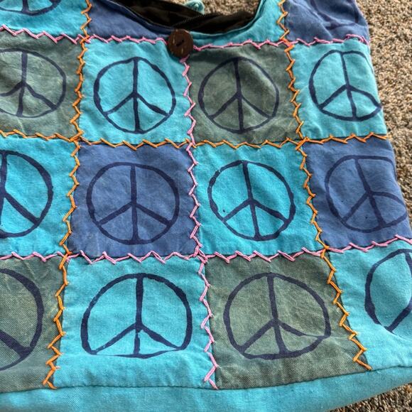 Handmade Hippie Nepal Boho Crossbody Shoulder Bag Purse Blue Peace Signs Zipper - Picture 7 of 12